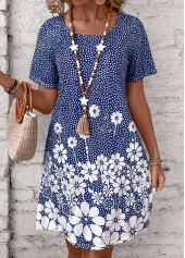 Blue Pocket Floral Print Short Round Neck Dress | thumb picture 