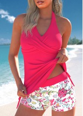 Drawstring Random Floral Print Hot Pink Tankini Set