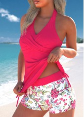 Drawstring Random Floral Print Hot Pink Tankini Set | thumb picture 