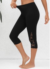 Lace Black High Waisted Capri Elastic Waist Leggings