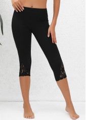 Lace Black High Waisted Capri Elastic Waist Leggings | thumb picture 