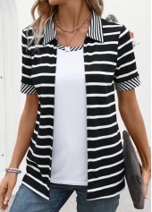 Black Fake 2in1 Striped Short Sleeve T Shirt