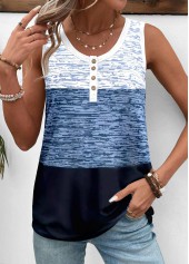 Blue Patchwork Geometric Print Sleeveless Round Neck Tank Top