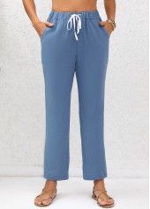 Denim Blue Double Side Pockets Elastic Waist Pants
