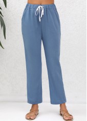 Denim Blue Double Side Pockets Elastic Waist Pants