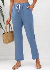 Denim Blue Double Side Pockets Elastic Waist Pants