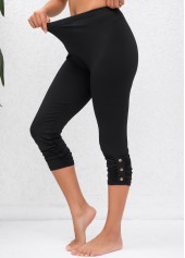 Ruched Black High Waisted Capri Elastic Waist Leggings
