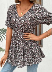 Black Ruched Ditsy Floral Print Short Sleeve Blouse | thumb picture 