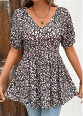 Black Ruched Ditsy Floral Print Short Sleeve Blouse | thumb picture 