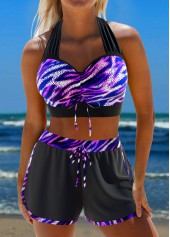 Criss Cross Zebra Stripe Print Black Bikini Set