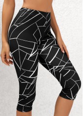 Black Geometric Print High Waisted Capri Elastic Waist Leggings