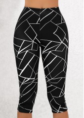 Black Geometric Print High Waisted Capri Elastic Waist Leggings | thumb picture 