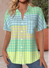 Plus Size Multi Color Pocket Plaid Short Sleeve Blouse