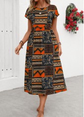 Orange Pocket Tribal Print Short Sleeve Round Neck Dress | thumb picture 