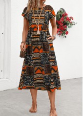 Orange Pocket Tribal Print Short Sleeve Round Neck Dress
