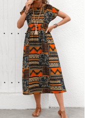 Orange Pocket Tribal Print Short Sleeve Round Neck Dress | thumb picture 