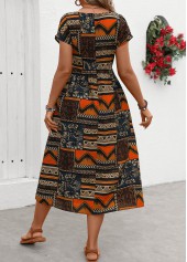 Orange Pocket Tribal Print Short Sleeve Round Neck Dress | thumb picture 