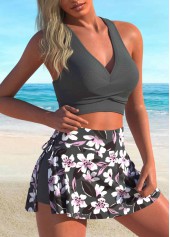 Tie Floral Print Dark Grey Bikini Set