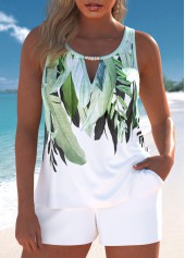 Cut Out Tropical Plants Print Light Green Tankini Set