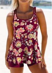 Lightweight Random Floral Print Dark Reddish Purple Tankini Set