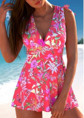 Drawstring Mid Waisted Floral Print Coral Tankini Set