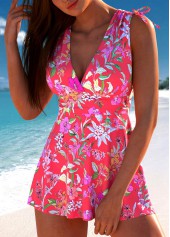 Drawstring Mid Waisted Floral Print Coral Tankini Set | thumb picture 