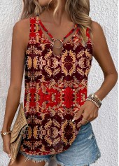Red Cut Out Tribal Print Sleeveless Tank Top