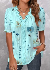 Cyan Patchwork Floral Print Short Sleeve V Neck Blouse