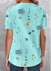Cyan Patchwork Floral Print Short Sleeve V Neck Blouse