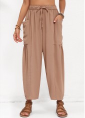 Light Coffee Pocket Elastic Waist High Waisted Pants