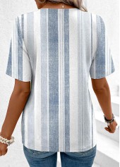 Dusty Blue Asymmetry Multi Stripe Print Short Sleeve Blouse