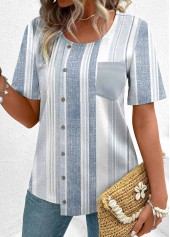 Dusty Blue Asymmetry Multi Stripe Print Short Sleeve Blouse