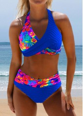 Surplice Floral Print Royal Blue Bikini Set
