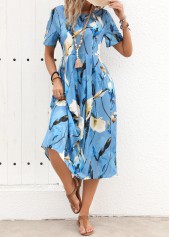 Light Blue Pleated Floral Print Short Sleeve Dress