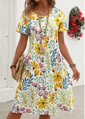 Yellow Pocket Floral Print Short Sleeve Round Neck Dress | thumb picture 