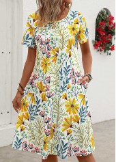 Yellow Pocket Floral Print Short Sleeve Round Neck Dress