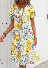 Yellow Pocket Floral Print Short Sleeve Round Neck Dress | thumb picture 