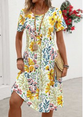 Yellow Pocket Floral Print Short Sleeve Round Neck Dress | thumb picture 