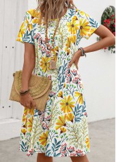 Yellow Pocket Floral Print Short Sleeve Round Neck Dress | thumb picture 
