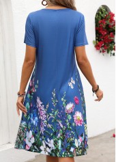 Denim Blue Tuck Stitch Floral Print Short Sleeve Dress | thumb picture 
