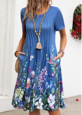 Denim Blue Tuck Stitch Floral Print Short Sleeve Dress