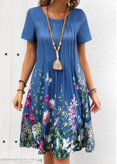 Denim Blue Tuck Stitch Floral Print Short Sleeve Dress | thumb picture 
