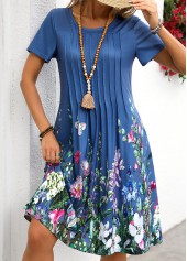 Denim Blue Tuck Stitch Floral Print Short Sleeve Dress | thumb picture 