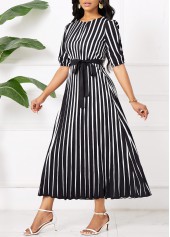 Black Umbrella Hem Striped Maxi Belted Short Sleeve Dress | thumb picture 