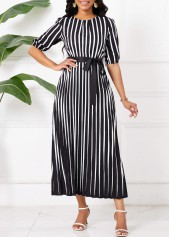 Black Umbrella Hem Striped Maxi Belted Short Sleeve Dress | thumb picture 