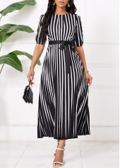 Black Umbrella Hem Striped Maxi Belted Short Sleeve Dress