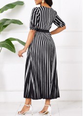 Black Umbrella Hem Striped Maxi Belted Short Sleeve Dress | thumb picture 