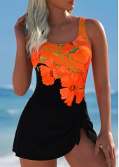 Tie Floral Print Black One Piece Swimdress