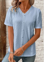 Blue Patchwork Short Sleeve V Neck Blouse | thumb picture 