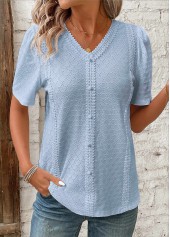 Blue Patchwork Short Sleeve V Neck Blouse